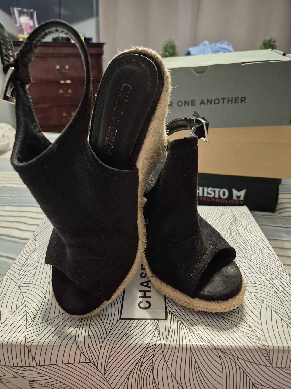 Chase + Chloe Black Open-Toe Espadrille Wedge Sandals